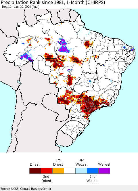 Brazil Precipitation Rank since 1981, 1-Month (CHIRPS) Thematic Map For 12/11/2023 - 1/10/2024