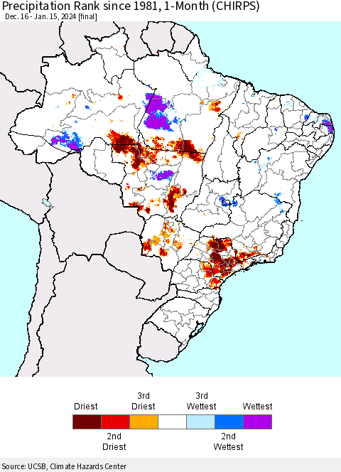 Brazil Precipitation Rank since 1981, 1-Month (CHIRPS) Thematic Map For 12/16/2023 - 1/15/2024