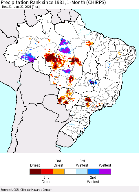 Brazil Precipitation Rank since 1981, 1-Month (CHIRPS) Thematic Map For 12/21/2023 - 1/20/2024
