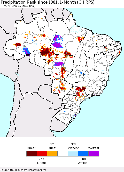 Brazil Precipitation Rank since 1981, 1-Month (CHIRPS) Thematic Map For 12/26/2023 - 1/25/2024
