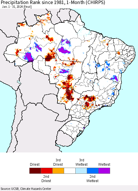 Brazil Precipitation Rank since 1981, 1-Month (CHIRPS) Thematic Map For 1/1/2024 - 1/31/2024