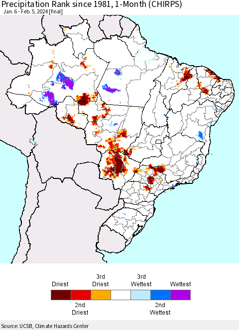 Brazil Precipitation Rank since 1981, 1-Month (CHIRPS) Thematic Map For 1/6/2024 - 2/5/2024