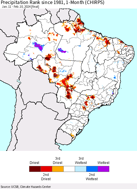 Brazil Precipitation Rank since 1981, 1-Month (CHIRPS) Thematic Map For 1/11/2024 - 2/10/2024