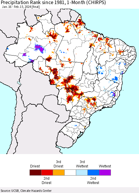 Brazil Precipitation Rank since 1981, 1-Month (CHIRPS) Thematic Map For 1/16/2024 - 2/15/2024