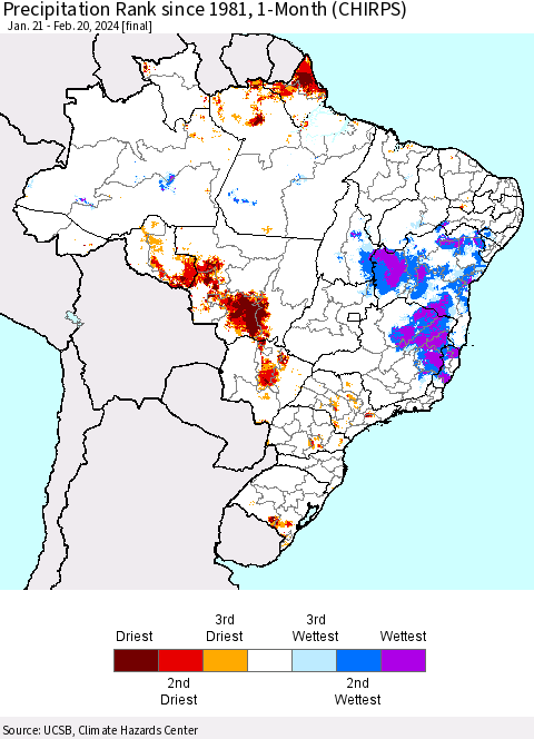 Brazil Precipitation Rank since 1981, 1-Month (CHIRPS) Thematic Map For 1/21/2024 - 2/20/2024