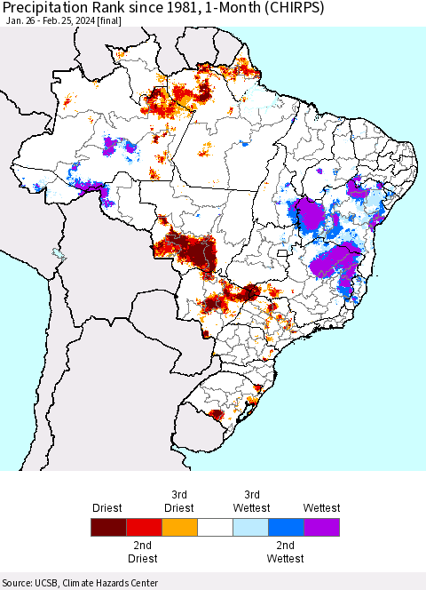 Brazil Precipitation Rank since 1981, 1-Month (CHIRPS) Thematic Map For 1/26/2024 - 2/25/2024