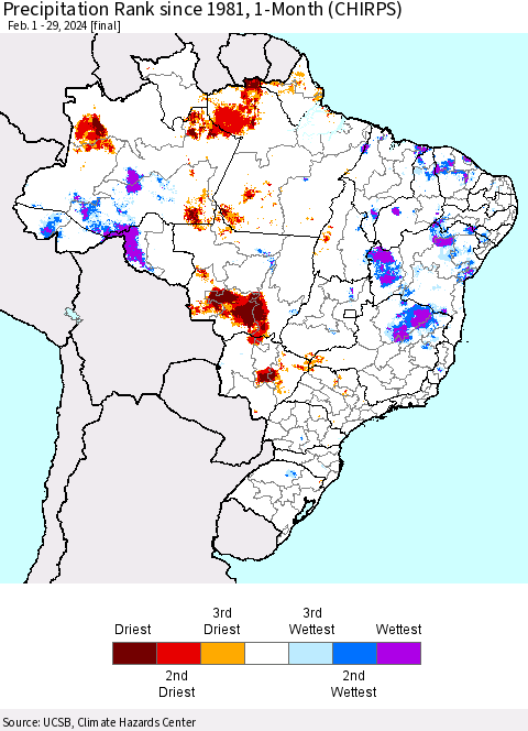 Brazil Precipitation Rank since 1981, 1-Month (CHIRPS) Thematic Map For 2/1/2024 - 2/29/2024