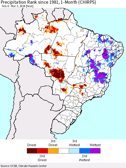 Brazil Precipitation Rank since 1981, 1-Month (CHIRPS) Thematic Map For 2/6/2024 - 3/5/2024