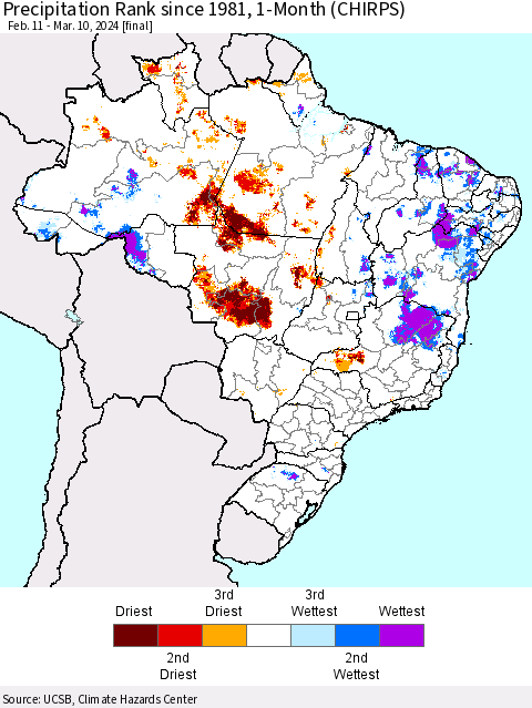 Brazil Precipitation Rank since 1981, 1-Month (CHIRPS) Thematic Map For 2/11/2024 - 3/10/2024