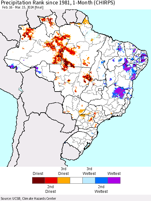 Brazil Precipitation Rank since 1981, 1-Month (CHIRPS) Thematic Map For 2/16/2024 - 3/15/2024