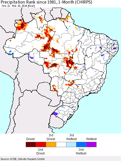 Brazil Precipitation Rank since 1981, 1-Month (CHIRPS) Thematic Map For 2/21/2024 - 3/20/2024