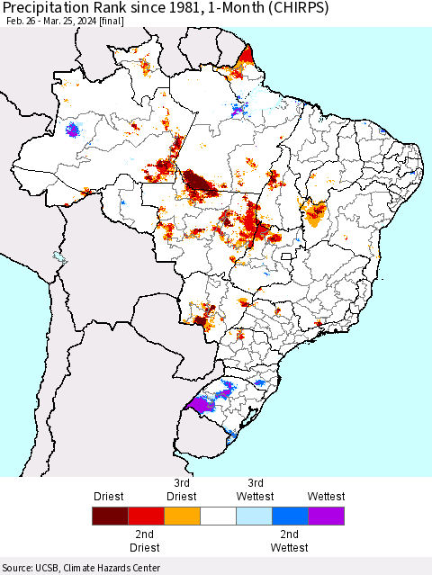 Brazil Precipitation Rank since 1981, 1-Month (CHIRPS) Thematic Map For 2/26/2024 - 3/25/2024