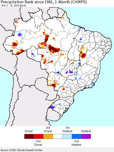 Brazil Precipitation Rank since 1981, 1-Month (CHIRPS) Thematic Map For 3/1/2024 - 3/31/2024