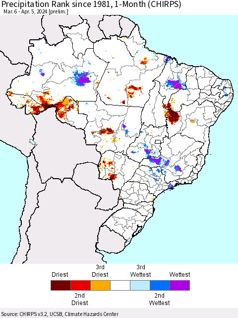 Brazil Precipitation Rank since 1981, 1-Month (CHIRPS) Thematic Map For 3/6/2024 - 4/5/2024
