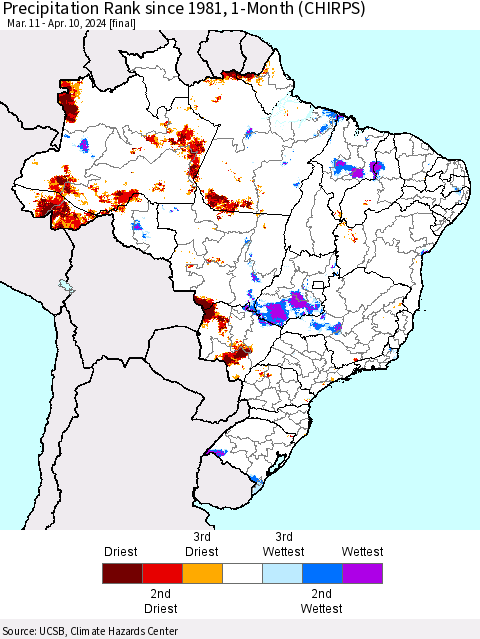 Brazil Precipitation Rank since 1981, 1-Month (CHIRPS) Thematic Map For 3/11/2024 - 4/10/2024