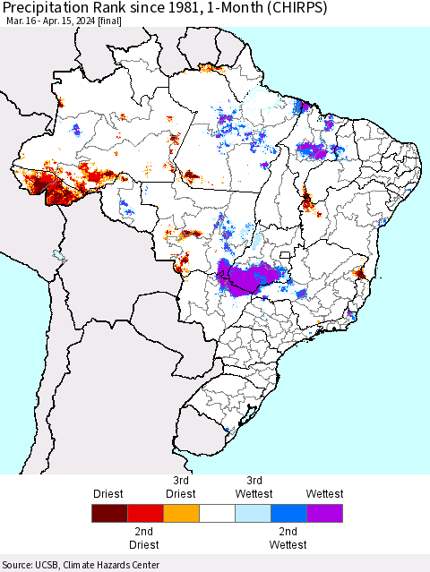 Brazil Precipitation Rank since 1981, 1-Month (CHIRPS) Thematic Map For 3/16/2024 - 4/15/2024