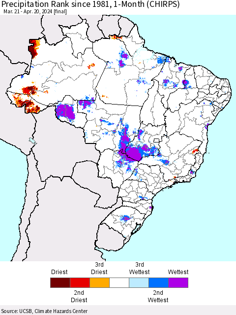 Brazil Precipitation Rank since 1981, 1-Month (CHIRPS) Thematic Map For 3/21/2024 - 4/20/2024