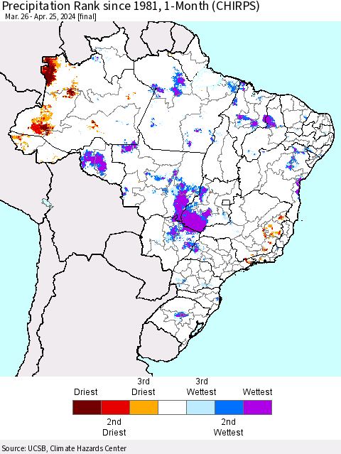 Brazil Precipitation Rank since 1981, 1-Month (CHIRPS) Thematic Map For 3/26/2024 - 4/25/2024