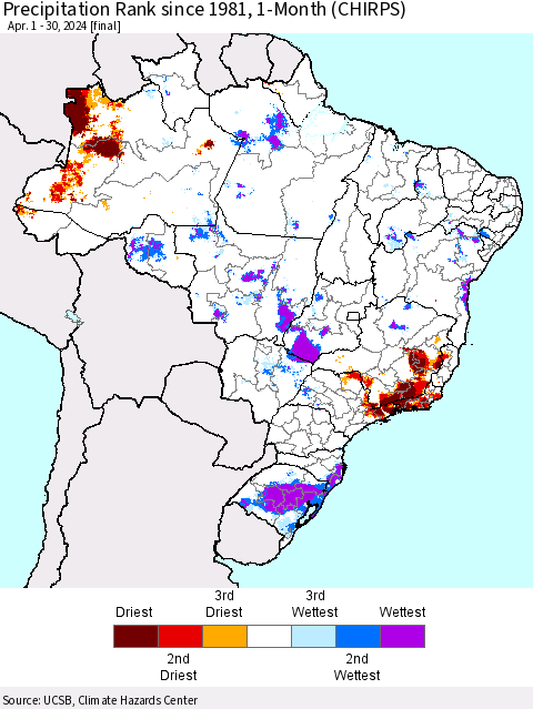 Brazil Precipitation Rank since 1981, 1-Month (CHIRPS) Thematic Map For 4/1/2024 - 4/30/2024