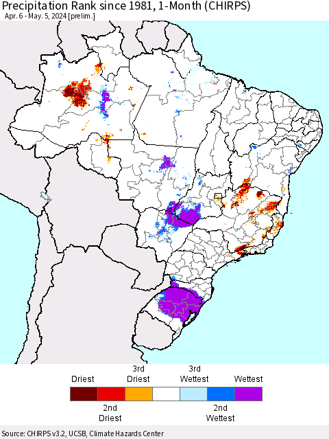 Brazil Precipitation Rank since 1981, 1-Month (CHIRPS) Thematic Map For 4/6/2024 - 5/5/2024