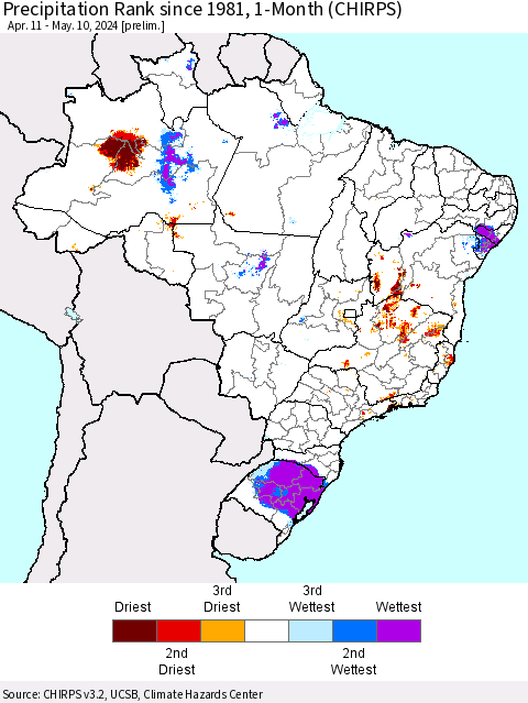 Brazil Precipitation Rank since 1981, 1-Month (CHIRPS) Thematic Map For 4/11/2024 - 5/10/2024