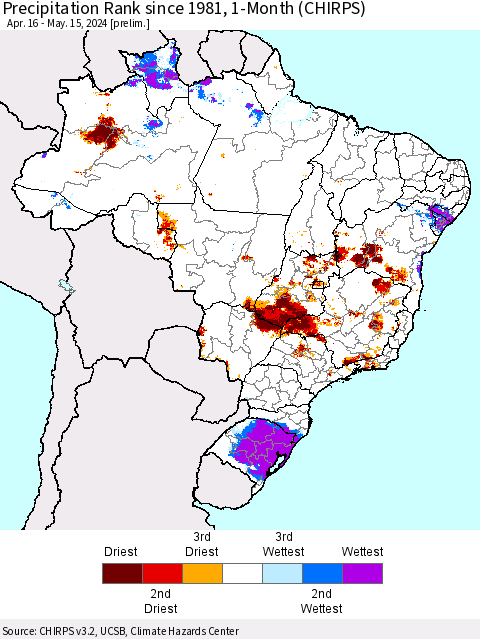 Brazil Precipitation Rank since 1981, 1-Month (CHIRPS) Thematic Map For 4/16/2024 - 5/15/2024