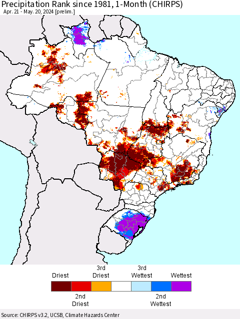 Brazil Precipitation Rank since 1981, 1-Month (CHIRPS) Thematic Map For 4/21/2024 - 5/20/2024