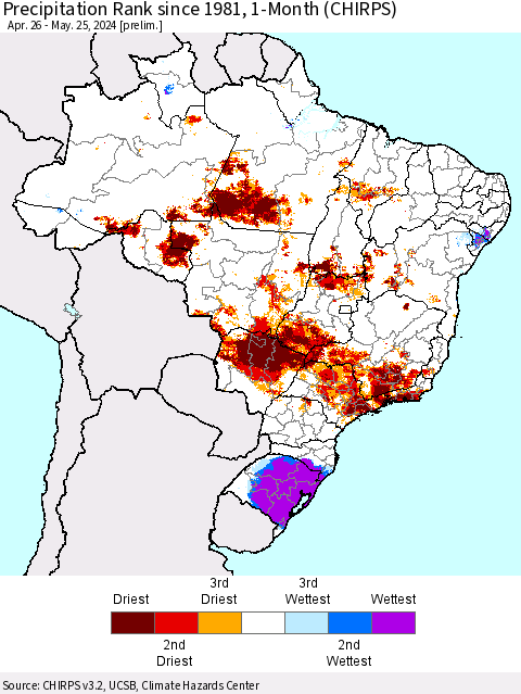 Brazil Precipitation Rank since 1981, 1-Month (CHIRPS) Thematic Map For 4/26/2024 - 5/25/2024