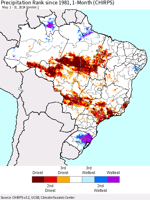 Brazil Precipitation Rank since 1981, 1-Month (CHIRPS) Thematic Map For 5/1/2024 - 5/31/2024