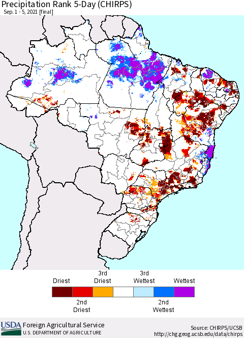 Brazil Precipitation Rank since 1981, 5-Day (CHIRPS) Thematic Map For 9/1/2021 - 9/5/2021