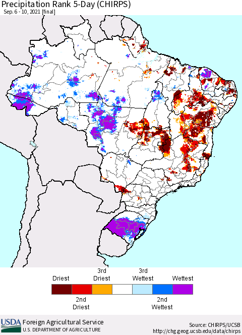 Brazil Precipitation Rank since 1981, 5-Day (CHIRPS) Thematic Map For 9/6/2021 - 9/10/2021
