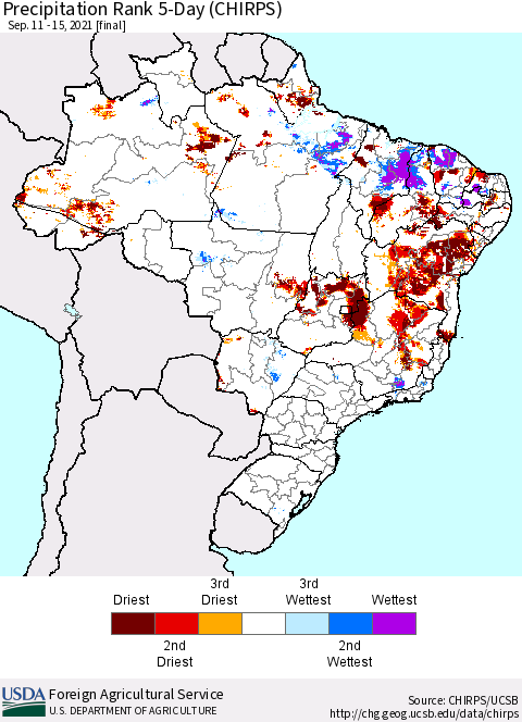 Brazil Precipitation Rank since 1981, 5-Day (CHIRPS) Thematic Map For 9/11/2021 - 9/15/2021