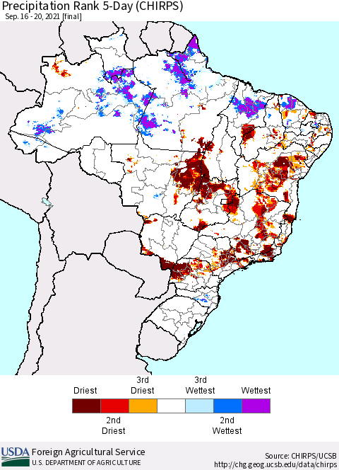 Brazil Precipitation Rank since 1981, 5-Day (CHIRPS) Thematic Map For 9/16/2021 - 9/20/2021