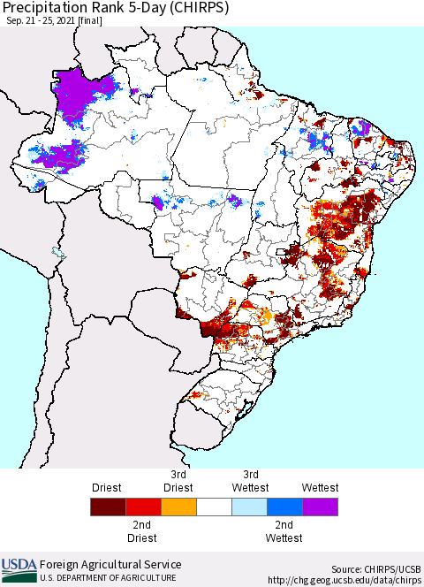 Brazil Precipitation Rank since 1981, 5-Day (CHIRPS) Thematic Map For 9/21/2021 - 9/25/2021