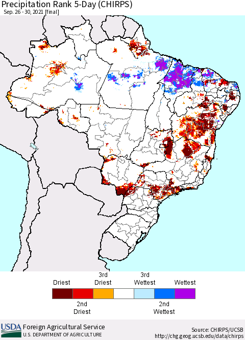 Brazil Precipitation Rank since 1981, 5-Day (CHIRPS) Thematic Map For 9/26/2021 - 9/30/2021