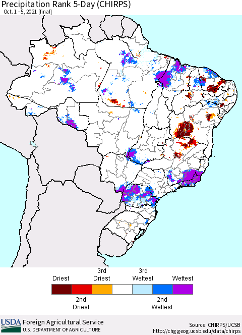 Brazil Precipitation Rank since 1981, 5-Day (CHIRPS) Thematic Map For 10/1/2021 - 10/5/2021
