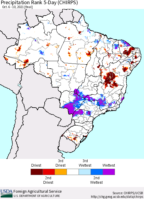 Brazil Precipitation Rank since 1981, 5-Day (CHIRPS) Thematic Map For 10/6/2021 - 10/10/2021