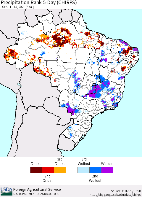 Brazil Precipitation Rank since 1981, 5-Day (CHIRPS) Thematic Map For 10/11/2021 - 10/15/2021