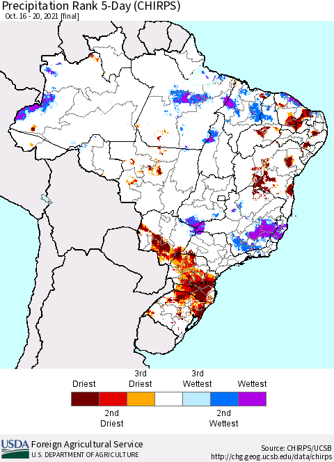 Brazil Precipitation Rank since 1981, 5-Day (CHIRPS) Thematic Map For 10/16/2021 - 10/20/2021
