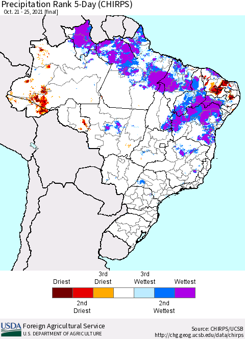 Brazil Precipitation Rank since 1981, 5-Day (CHIRPS) Thematic Map For 10/21/2021 - 10/25/2021