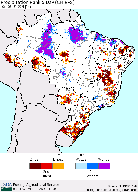 Brazil Precipitation Rank since 1981, 5-Day (CHIRPS) Thematic Map For 10/26/2021 - 10/31/2021