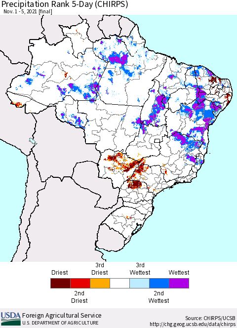 Brazil Precipitation Rank since 1981, 5-Day (CHIRPS) Thematic Map For 11/1/2021 - 11/5/2021