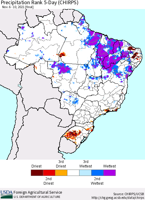 Brazil Precipitation Rank since 1981, 5-Day (CHIRPS) Thematic Map For 11/6/2021 - 11/10/2021