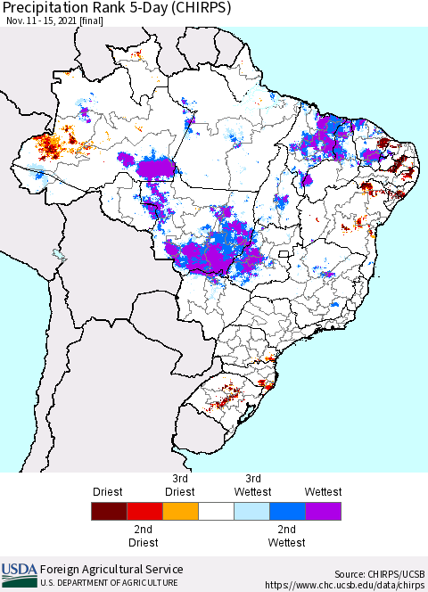 Brazil Precipitation Rank since 1981, 5-Day (CHIRPS) Thematic Map For 11/11/2021 - 11/15/2021