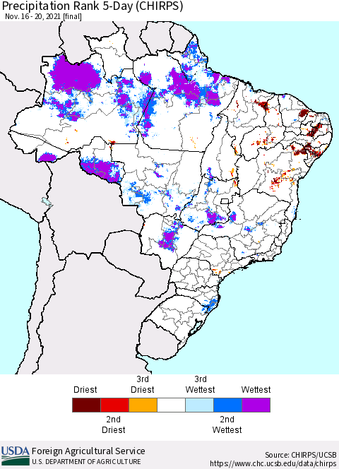 Brazil Precipitation Rank since 1981, 5-Day (CHIRPS) Thematic Map For 11/16/2021 - 11/20/2021