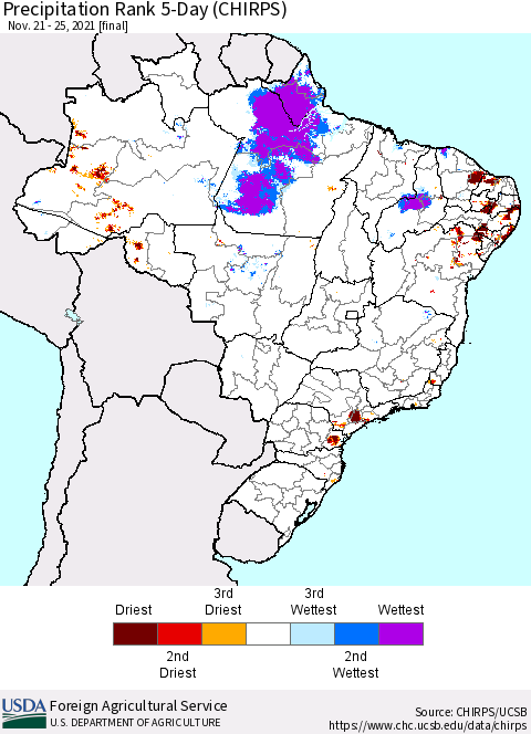 Brazil Precipitation Rank since 1981, 5-Day (CHIRPS) Thematic Map For 11/21/2021 - 11/25/2021