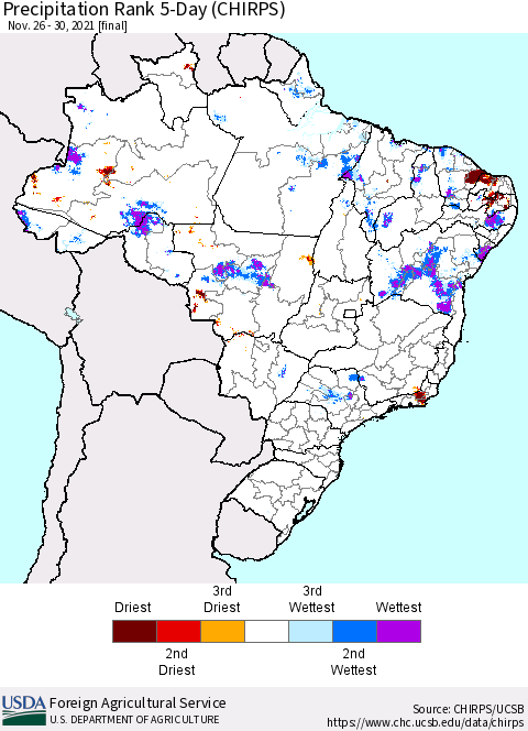 Brazil Precipitation Rank since 1981, 5-Day (CHIRPS) Thematic Map For 11/26/2021 - 11/30/2021