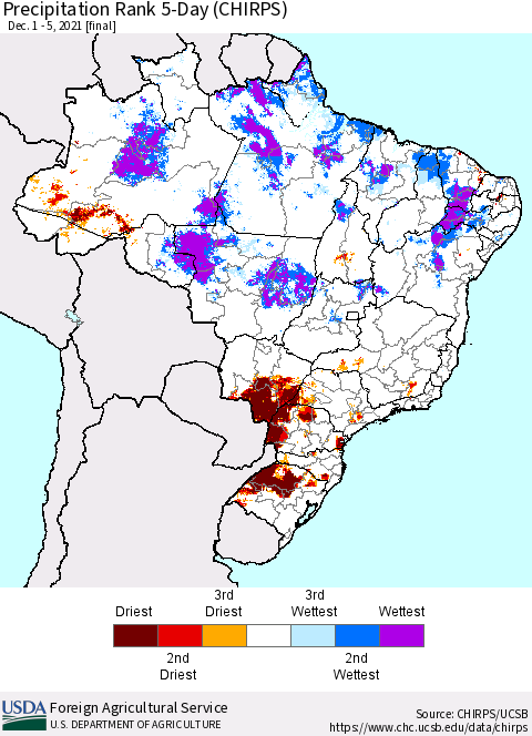 Brazil Precipitation Rank since 1981, 5-Day (CHIRPS) Thematic Map For 12/1/2021 - 12/5/2021