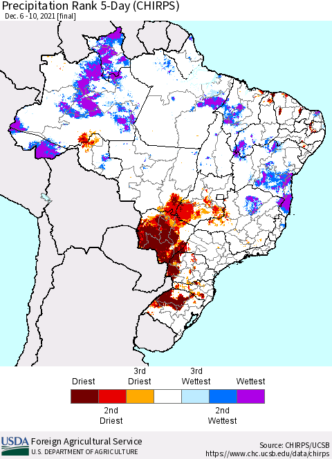 Brazil Precipitation Rank since 1981, 5-Day (CHIRPS) Thematic Map For 12/6/2021 - 12/10/2021