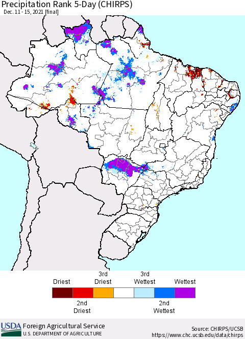 Brazil Precipitation Rank since 1981, 5-Day (CHIRPS) Thematic Map For 12/11/2021 - 12/15/2021